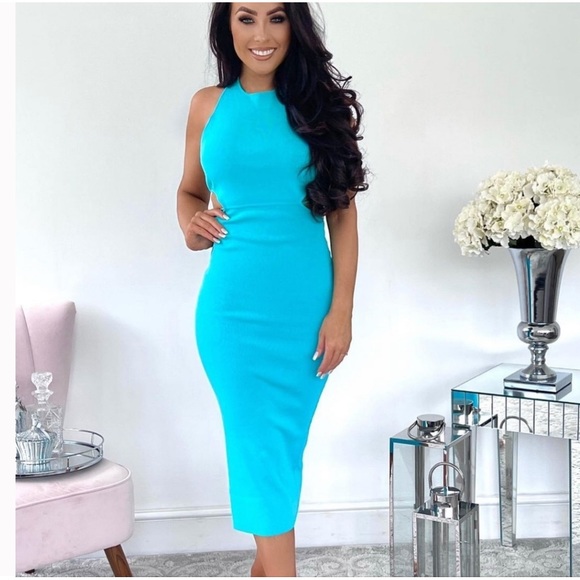 ZARA Turquoise Blue Bandage Knit Cross Open Back Midi Maxi Dress - Picture 12 of 17
